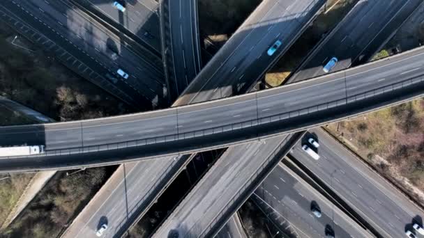 Rush Hour Vehicles Driving Highway Interchange Junction Aerial View — Stockvideo