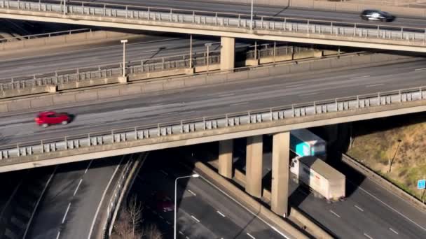 Vehicles Rush Hour Driving Freeway Intersection Aerial View — Stockvideo