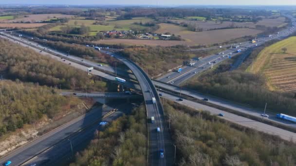 Rush Hour Vehicles Driving Highway Interchange Junction Aerial View — Stockvideo