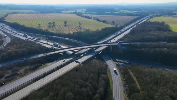 Rush Hour Vehicles Driving Highway Interchange Junction Aerial View — Wideo stockowe