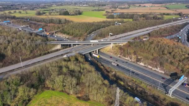 Aerial View Busy Highway Interchange Vehicles Driving — Stockvideo