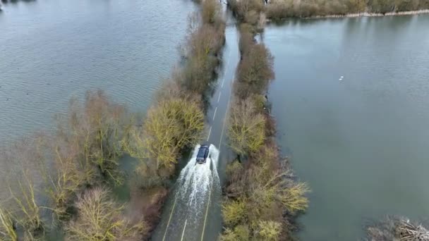 Vehicle Driving Flooded Road Aerial View — Stock Video