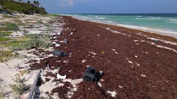 Plastový Odpad Rozmetaný Pláži Způsobené Skládkou Plastů Oceánu — Stock video