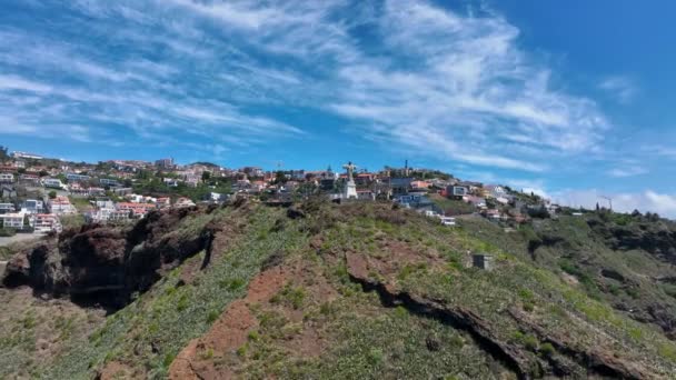 Christ Statue Madeira Coast Atop Hill — Stock Video