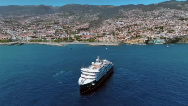 Statek Wycieczkowy Przybywający Portu Funchal Maderze Widok Lotu Ptaka — Wideo stockowe