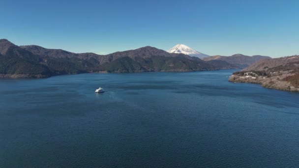 Lago Ashi Tour Barco Monte Fuji Vista Aérea — Vídeo de stock