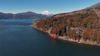 Ashi Gölü kıyılarındaki Torii Kapısı ve Japonya 'daki Fuji Dağı.