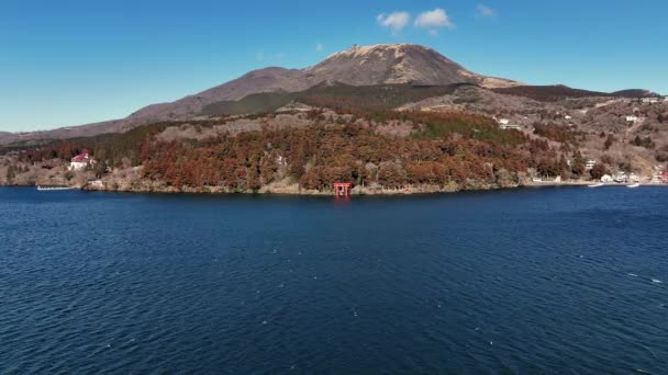 Puerta Torii Orillas Del Lago Ashi Japón — Vídeo de stock