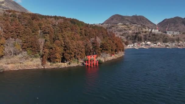 Vista Aérea Una Puerta Torii Orillas Del Lago Ashi Japón — Vídeo de stock