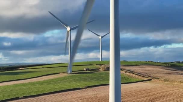 Wind Farm Turbines Generating Green Renewable Energy Aerial View — Vídeo de stock