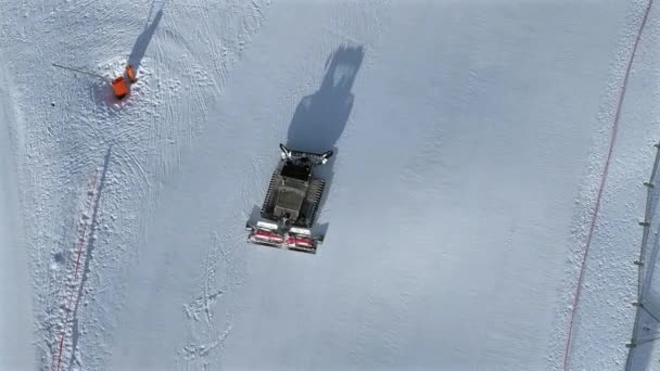 Snow Groomer Machine Working Ski Piste Aerial View — Wideo stockowe