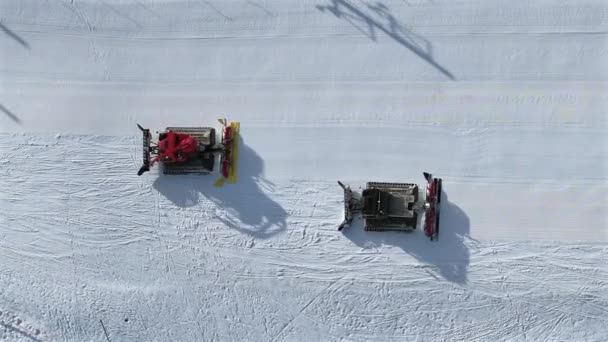 Snow Groomer Piste Basher Working Ski Piste Aerial View — Wideo stockowe