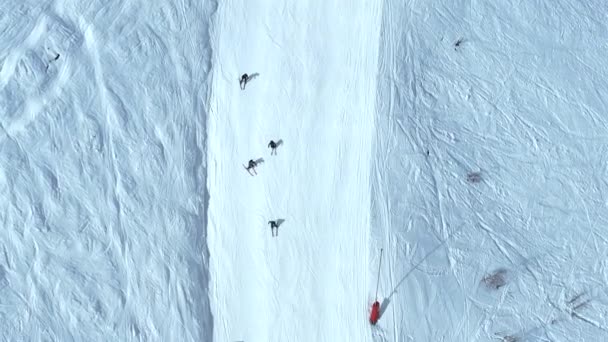 Skiers Snowboarders Ski Run Resort Aerial View — Wideo stockowe