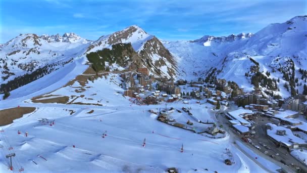 Высокий Авориаз Французских Альпах Прекрасный Курорт Воздушным Видом — стоковое видео