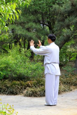 TANGSHAN - MAY 10: elderly practicing martial arts in a park on May 10, 2014, tangshan city, hebei province, China.