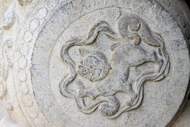 beast sculpture on the rock in a temple, closeup of photo