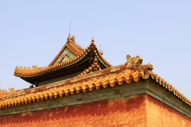 Red glazed tile eaves and wall, Eastern Tombs of the Qing Dynasty, China.