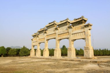 ZUNHUA MAY 18: traditional Chinese style white marble arch landscape architecture, Eastern Tombs of the Qing Dynasty on may 18, 2014, Zunhua county, Hebei Province, China.