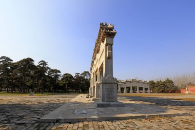 Yi County, China - November 4, 2017: Architectural landscape of royal mausoleum stone archway in Qing Dynasty, Yi County, Hebei Province, China