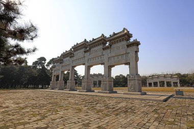 Yi County, China - November 4, 2017: Architectural landscape of royal mausoleum stone archway in Qing Dynasty, Yi County, Hebei Province, China