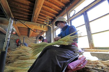 Luannan County - December 21, 2017: worker processing whisk broom in a hand workshop, Luannan County, Hebei Province, China. This is the most important traditional handicraft industry in the local area