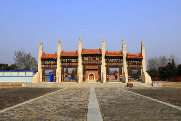 Yi County, China - November 5, 2017: Stone archway of royal mausoleum in Qing Dynasty, Yi County, Hebei Province, China