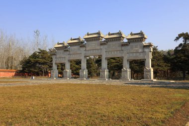 Yi County, China - November 4, 2017: Architectural landscape of royal mausoleum stone archway in Qing Dynasty, Yi County, Hebei Province, China