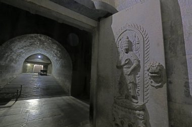 Yi County, China - November 5, 2017: The wall relief architecture of Emperor Guangxu's underground palace in Qing Dynasty, Yi County, Hebei Province, China