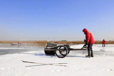 Luannan County - January 26, 2018: farmers cut ice in the field with cutting machines, Luannan, Hebei, Chin