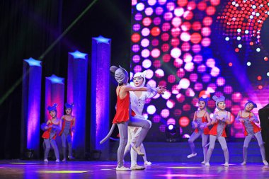 Luannan county - February 9, 2018: children dance performance on stage, luannan county, hebei province, China