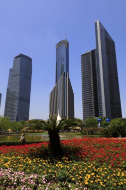 Şangay, Çin - 1 Haziran 2018: Lujiazui 'nin Pudong, Şangay, Chin' deki mimari manzarası