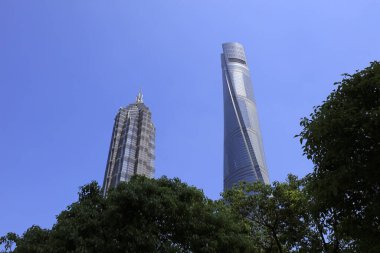 Şangay, Çin - 1 Haziran 2018: Lujiazui 'nin Pudong, Şangay, Chin' deki mimari manzarası