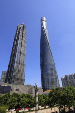 Şangay, Çin - 1 Haziran 2018: Lujiazui 'nin Pudong, Şangay, Chin' deki mimari manzarası
