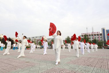 Luannan County - 25 Ağustos 2018: Tai Chi Kung Fu Fan Performansı, Luannan County, Hebei Eyaleti, Çin