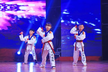 Luannan County - 29 Ocak 2019: Çocuklar Wushu Kungfu Sahne Performansı, Luannan County, Hebei Eyaleti, Çin