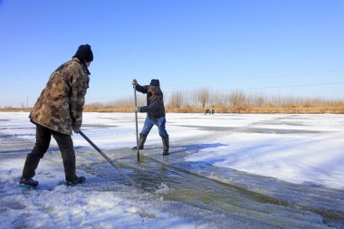 Luannan İlçesi - 23 Ocak 2018: çiftçiler tarladaki buzu, Luannan 'ı, Hebei' yi, Chin 'i ayırmak için çelik bir tokmak kullanıyorlar.