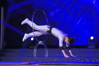 Luannan county - February 9, 2018: drilling ground ring performance on stage, luannan county, hebei province, China