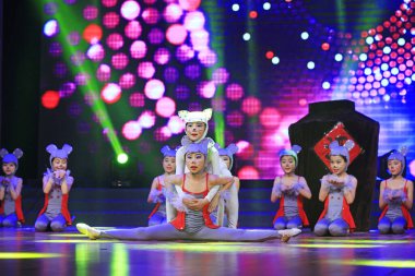 Luannan county - February 9, 2018: children dance performance on stage, luannan county, hebei province, China