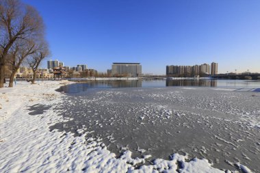 Şehir parkı kar manzarası, Tangshan, Çin