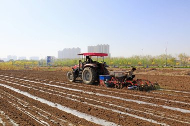 LUANNAN COUNTY, Çin - 27 Nisan 2018: çiftçiler tarım makinelerini bir çiftliğe plastik film fıstığı ekmekte kullanıyorlar, LUANNAN COUNTY, Hebei Eyaleti, Çin