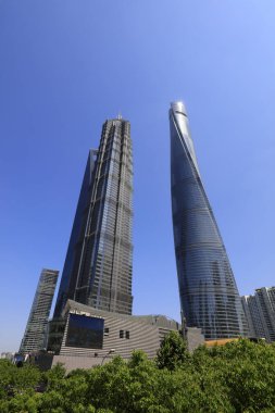 Şangay, Çin - 1 Haziran 2018: Lujiazui 'nin Pudong, Şangay, Chin' deki mimari manzarası