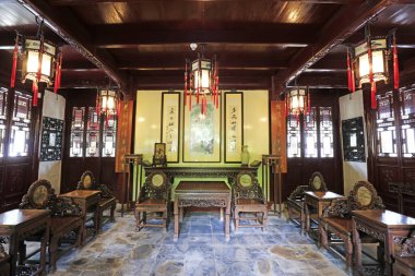 Şangay, Çin - 2 Haziran 2018: Çin 'in Yu Garden, Şangay, Çin' deki geleneksel iç dekorasyonu