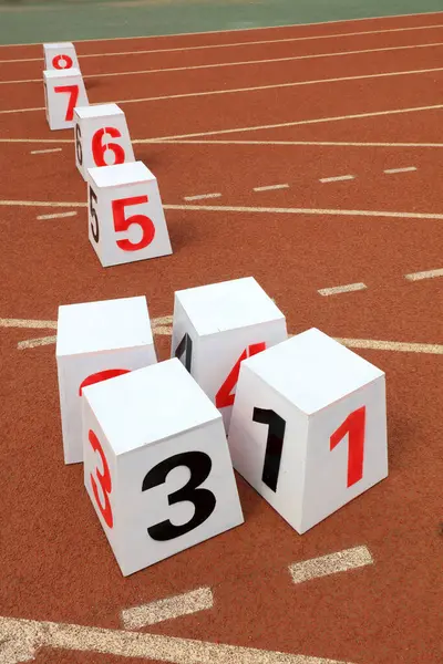 The wooden track number is on the plastic track in a sports field