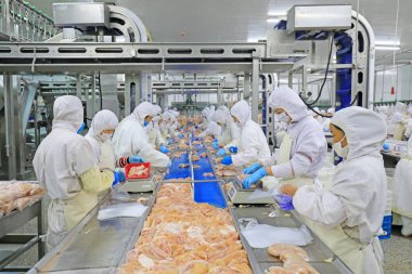 Luannan County, Çin - 18 Haziran 2019: İşçiler ızgara işleme hattı ile meşguller, Luannan County, Hebei Eyaleti, Çin