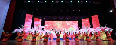 LUANNAN COUNTY, Hebei Eyaleti, Çin - 17 Kasım 2019: Sahnede mutlu dans performansları.