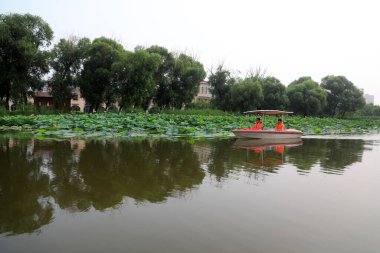 Luannan İlçesi, Çin - 15 Temmuz 2019: Ziyaretçiler, Çin 'in Hebei Eyaleti, Luannan İlçesi, tekneyle lotus çiçeklerinin tadını çıkarıyorlar.