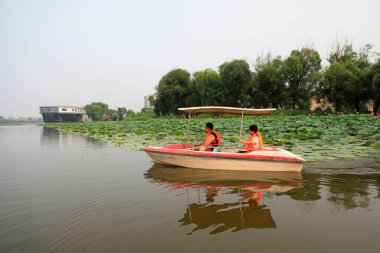 Luannan İlçesi, Çin - 15 Temmuz 2019: Ziyaretçiler, Çin 'in Hebei Eyaleti, Luannan İlçesi, tekneyle lotus çiçeklerinin tadını çıkarıyorlar.