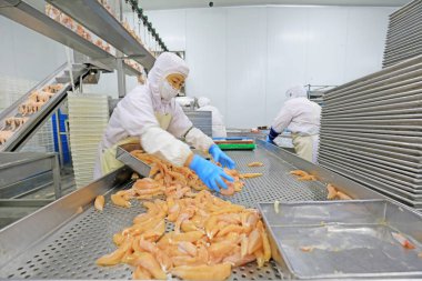 Luannan County, Çin - 18 Haziran 2019: İşçiler ızgara işleme hattı ile meşguller, Luannan County, Hebei Eyaleti, Çin