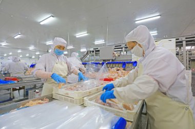 Luannan County, Çin - 18 Haziran 2019: İşçiler ızgara işleme hattı ile meşguller, Luannan County, Hebei Eyaleti, Çin