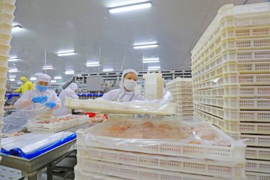 Luannan County, Çin - 18 Haziran 2019: İşçiler ızgara işleme hattı ile meşguller, Luannan County, Hebei Eyaleti, Çin